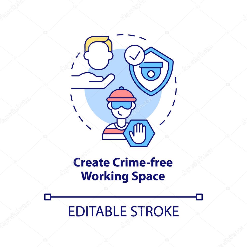 Create crime-free working space concept icon. Surveillance systems benefit abstract idea thin line illustration. Insuring reliable protection. Vector isolated outline color drawing. Editable stroke