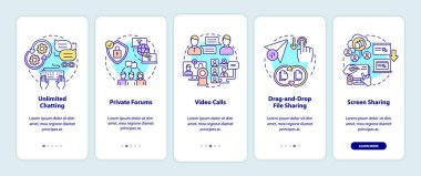 Mobil uygulama sayfasında iş mesajlaşması seçeneği. Çalışma servisi, kavramlarla birlikte 5 adımlık grafik talimatları inceliyor. UI, UX, doğrusal renk çizimleri olan GUI vektör şablonu