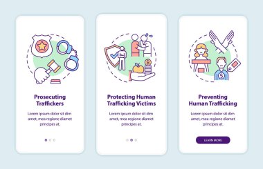 Kaçakçılıkla mücadele politikası unsurları mobil uygulama sayfa ekranında. Sosyal önlemler, kavramlarla birlikte üç aşamalı grafik talimatlar içeriyor. UI, UX, doğrusal renk çizimleri olan GUI vektör şablonu