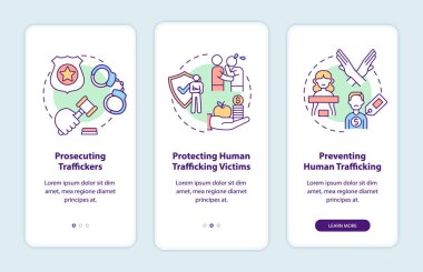 Anti-trafficking policy elements onboarding mobile app page screen. Social measures walkthrough 3 steps graphic instructions with concepts. UI, UX, GUI vector template with linear color illustrations clipart