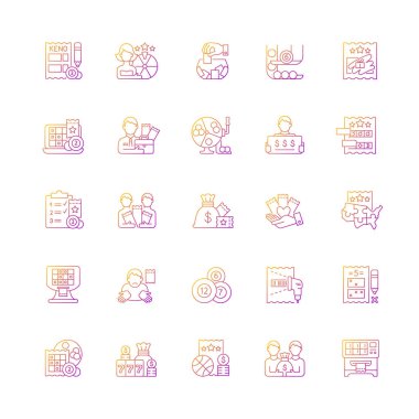 Piyango tipleri doğrusal vektör simgeleri ayarlandı. Kumar oyunları. Kazanan büyük ikramiye. Kazı kazan. Nakit para ödülü al. İnce çizgili sembol demetleri. İzole vektör ana hatları illüstrasyon koleksiyonu