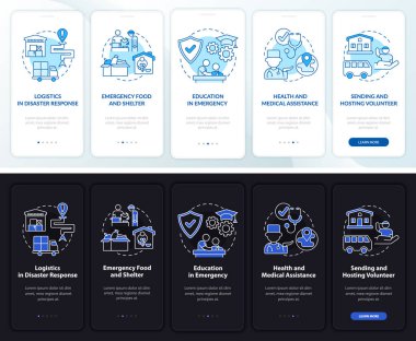 Mobil uygulama sayfası ekranında gönüllü destek. Sağlık hizmetleri, kavramlarla birlikte 5 adımlık grafik talimatları inceliyor. UI, UX, GUI vektör şablonu doğrusal gece ve gündüz kip çizimleri