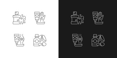 Tıbbi tedavi seçenekleri, karanlık ve aydınlık mod için doğrusal simgeler oluşturuldu. Oral sağlık için gargara. Öksürük şurubu. Özelleştirilebilir ince çizgi sembolleri. İzole vektör çizimi çizimleri. Düzenlenebilir vuruş