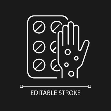 Alerji için haplar. Karanlık tema için beyaz doğrusal ikon. Antihistamin. Burun tıkanıklığından kurtuldum. İnce çizgi özelleştirilebilir illüstrasyon. Gece modu için izole vektör kontur sembolü. Düzenlenebilir vuruş