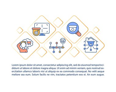 Güvenlik kamerası metin ile konsept satır simgeleri satın aldı. Kopya uzayı ile PPT sayfa vektör şablonu. Broşür, dergi, gazete tasarımı. Beyaz üzerinde en uygun teknik doğrusal çizimler seçiliyor