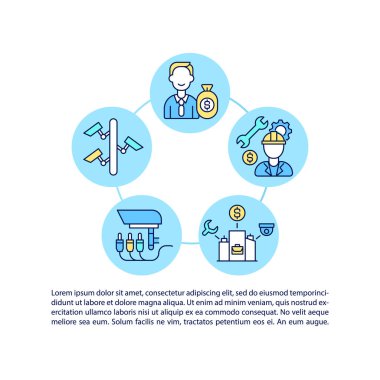 Metinli izleme kurulum konsepti simgeleri. Kopya uzayı ile PPT sayfa vektör şablonu. Broşür, dergi, gazete tasarımı. Beyaz üzerine doğrusal resimlendirmeler için kamera kurulumu için Prof yardımı
