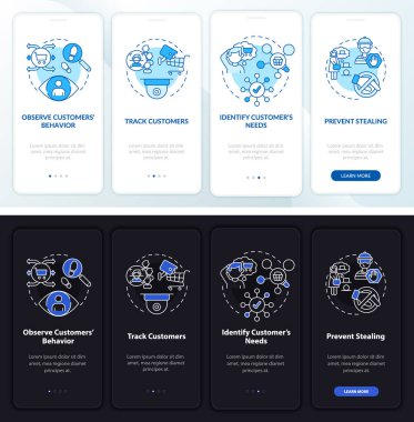 Mobil uygulama ekranında alışveriş güvenliği sağlanıyor. Pazarlama 4 aşamalı grafik talimatlar ve kavramlar. UI, UX, GUI vektör şablonu doğrusal gece ve gündüz kip çizimleri