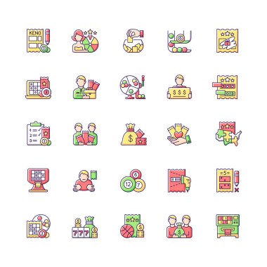 Piyango tipleri RGB renk simgeleri ayarlandı. Kumar oyunları. Kazanan büyük ikramiye. Kazı kazan. Nakit para ödülü al. Rastgele sayı üretimi. İzole vektör çizimleri. Basit çizgi çizimleri koleksiyonu