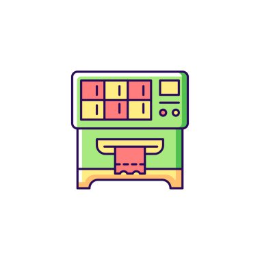 Piyango bileti otomatı RGB renk simgesi. Piyango kazı kazan biletleri dağıtıyorum. self servis modu. Rastgele sonuç. Kazanan numaraları çiz. İzole vektör çizimi. Basit doldurulmuş çizgi çizimi