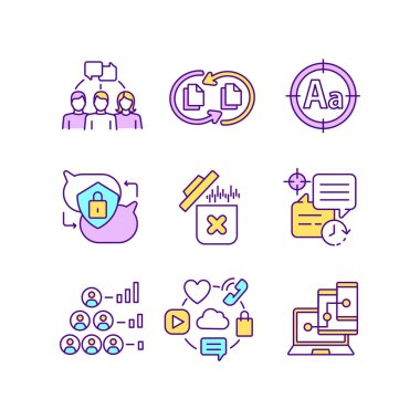 Mesajlaşma yazılımı RGB renk simgeleri ayarlandı. Grup sohbeti. Dosya paylaşımı. İmla kontrolü. Özel mesajlaşma. Çapraz platform senkronizasyonu. İzole vektör çizimleri. Basit çizgi çizimleri koleksiyonu