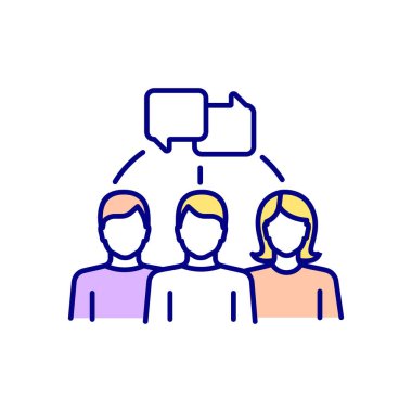 Grup sohbeti RGB renk simgesi. İnsanlar konuşuyor. Kadınlar ve erkekler arasında sıradan bir sohbet. İnsan iletişimi. Sosyal ilişki. İzole vektör çizimi. Basit doldurulmuş çizgi çizimi