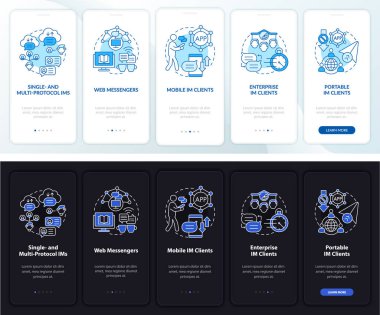 Mobil uygulama sayfası ekranında anlık mesajlaşma servisi. Kurye, kavramlarla birlikte 5 aşamalı grafik talimatları inceliyor. UI, UX, GUI vektör şablonu doğrusal gece ve gündüz kip çizimleri