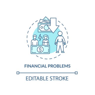 Bütçe sorunu konsepti ikonu. Finansal zorluklar. Boş cepler. Düşük gelir. Parasızlık soyut fikir ince çizgi çizimi. Vektör izole edilmiş dış hat renk çizimi. Düzenlenebilir vuruş