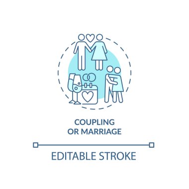 Aile başlangıç konsepti. Samimi ilişki kurma. Düğün töreni. Eşleştirme ya da evlilik soyut fikir ince çizgi çizimi. Vektör izole edilmiş dış hat renk çizimi. Düzenlenebilir vuruş