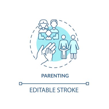 Çocuk yetiştirme ikonu. Birliktelik. Aile hayatı. Çocuk doğurmak. Çocuk bakımı ve koruma. Ebeveynlik soyut fikir ince çizgi çizimi. Vektör izole edilmiş dış hat renk çizimi. Düzenlenebilir vuruş