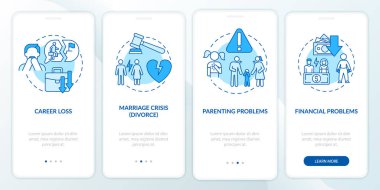 Mobil uygulama ekranında finansal sorunlar var. Orta yaş krizi, konseptlerle birlikte dört aşamalı grafik talimatlar. UI, UX, doğrusal renk çizimleri olan GUI vektör şablonu