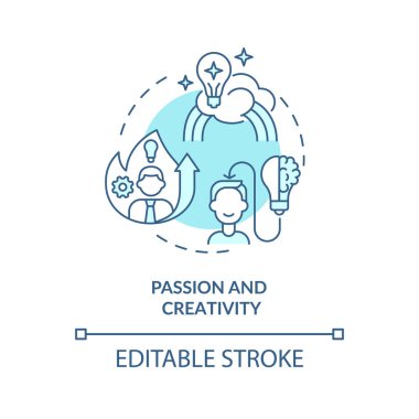 Tutku ve yaratıcılık mavi konsept ikonu. Başarılı bir iş için motivasyon. Başlangıçta soyut fikir ince çizgi çizimi başlat. Vektör izole edilmiş dış hat renk çizimi. Düzenlenebilir vuruş