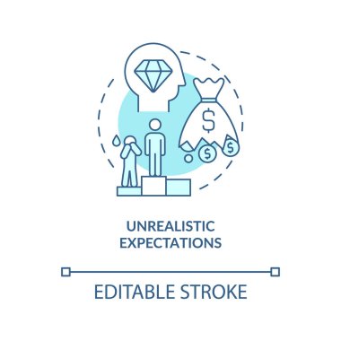 Gerçekçi olmayan beklenti mavi konsept ikonu. Şirket kurma sorunu. Başlangıç fırlatma zorlukları soyut fikir ince çizgi illüstrasyonu. Vektör izole edilmiş dış hat renk çizimi. Düzenlenebilir vuruş