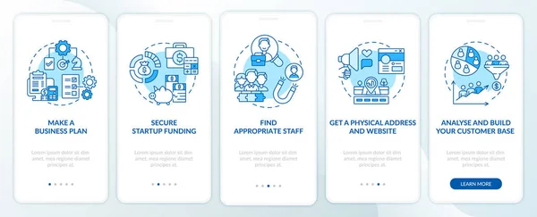 Spuštění Kroky Modrý Onboarding Mobilní App Obrazovce Zahájení Obchodní Procházka — Stockový vektor