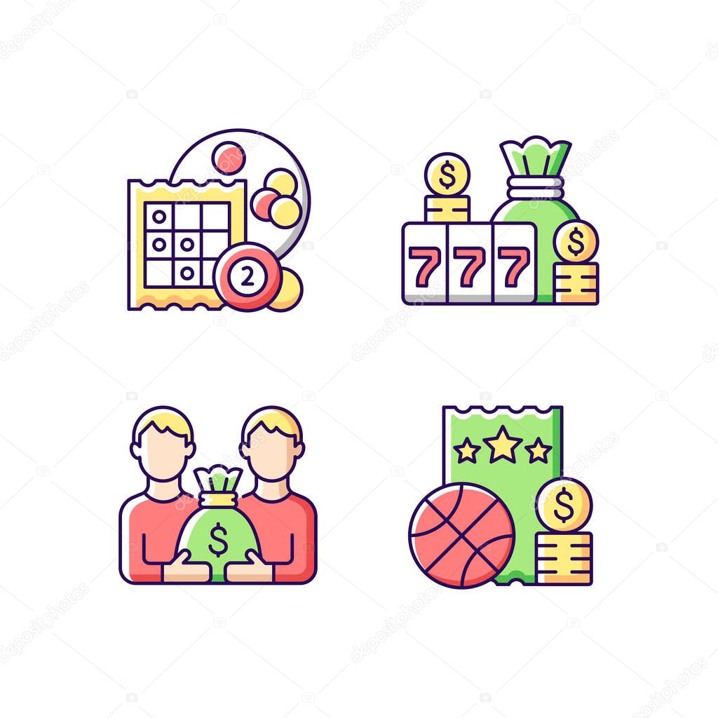 Participation in lottery RGB color icons set. Bingo game. Winning large cash reward. Pari mutuel prize. Sports betting. Isolated vector illustrations. Simple filled line drawings collection