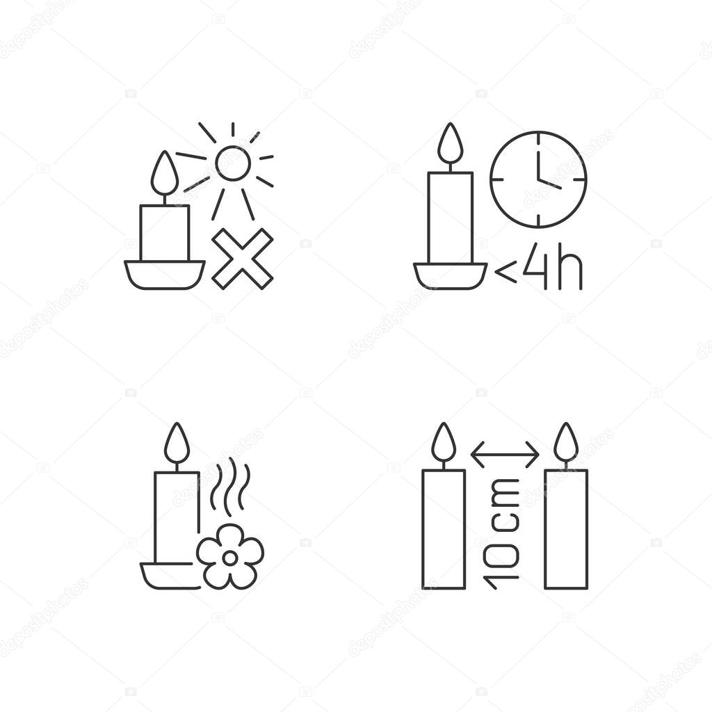 Candle warning label linear manual label icons set. Avoid direct sunlight. Customizable thin line contour symbols. Isolated vector outline illustrations for product use instructions. Editable stroke