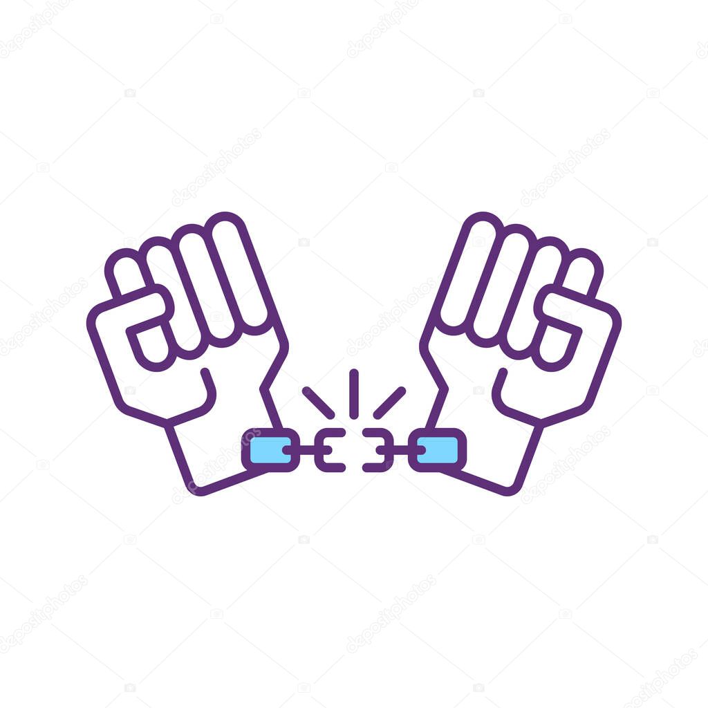 Hands in chain RGB color icon. Prisoner in handcuffs. Enslaved person. Freedom deprivation. Isolated vector illustration. Human smuggling and exploitation. Simple filled line drawing