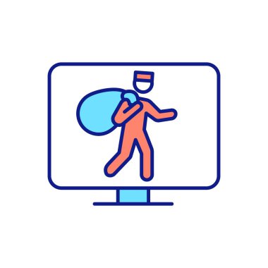 Hırsızlık tespit RGB renk simgesi. Suç işleme süreci izleme. Mülk video kaydını çalmak. Gözetleme fırsatları. Suçlu yakalama. İzole vektör çizimi. Basit doldurulmuş çizgi çizimi