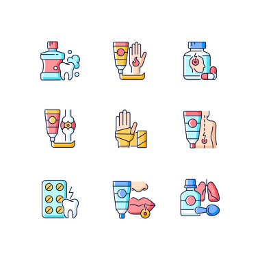 İlk yardım çantası RGB renk simgeleri ayarlandı. Oral durulama. Yanık tedavisi. Migren ilacı. Yara bandı. İltihap önleyici ilaçlar. İzole vektör çizimleri. Basit çizgi çizimleri koleksiyonu