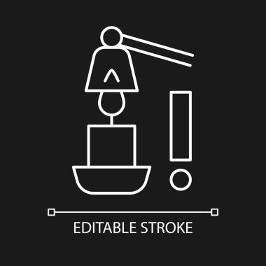 Koyu tema için mum söndürücü beyaz doğrusal el yazısı simgesi kullan. Ürün kullanma talimatları için ince satır özelleştirilebilir illüstrasyon. Gece modu için izole vektör kontur sembolü. Düzenlenebilir vuruş