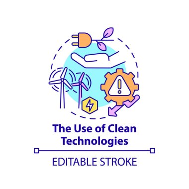 Temiz teknoloji konsept ikonu kullanımı. Kirliliği, soyut fikri, ince çizgi çizimini azaltır. İklim değişikliği. Ekolojik problem çözümü. Vektör izole edilmiş dış hat renk çizimi. Düzenlenebilir vuruş
