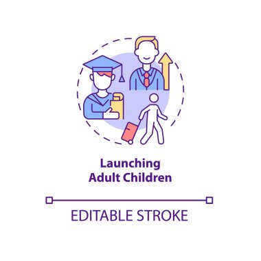 Yetişkin çocuk konsepti ikonu başlatılıyor. Aile hayatı döngüsü. Bahar dönemi soyut fikir soyut çizgisi çizimi. Vektör izole edilmiş dış hat renk çizimi. Düzenlenebilir vuruş