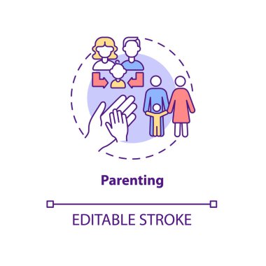 Ebeveynlik konsepti ikonu. Destek ve işbirliği. Aile hayatı. Çocuk doğurmak. Çocuk evlat edinme. Çocuk soyut fikirler yetiştirerek ince çizgiler çiziyor. Vektör izole edilmiş dış hat renk çizimi. Düzenlenebilir vuruş