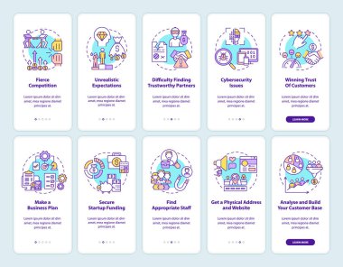 Hareketli uygulama sayfa ekran setinde başlat. Konseptlerle birlikte 5 aşamalı grafik talimatları gözden geçirmeye başlayın. UI, UX, doğrusal renk çizimleri olan GUI vektör şablonu