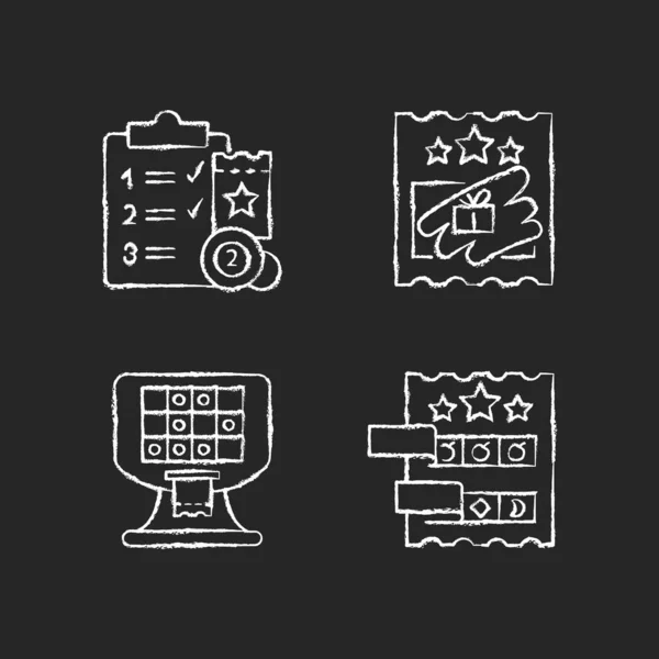 Icônes Blanc Craie Conduction Loterie Fixées Sur Fond Sombre Programme — Image vectorielle