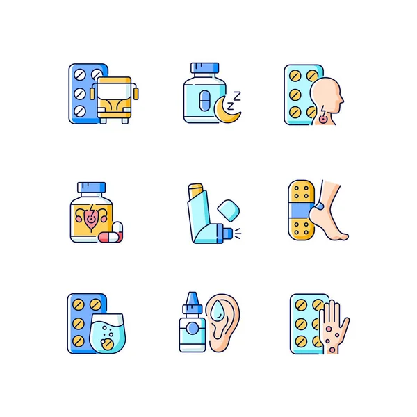 Pharmaceutical Drugs Rgb Color Icons Set Treat Motion Sickness Sleep — Stock Vector