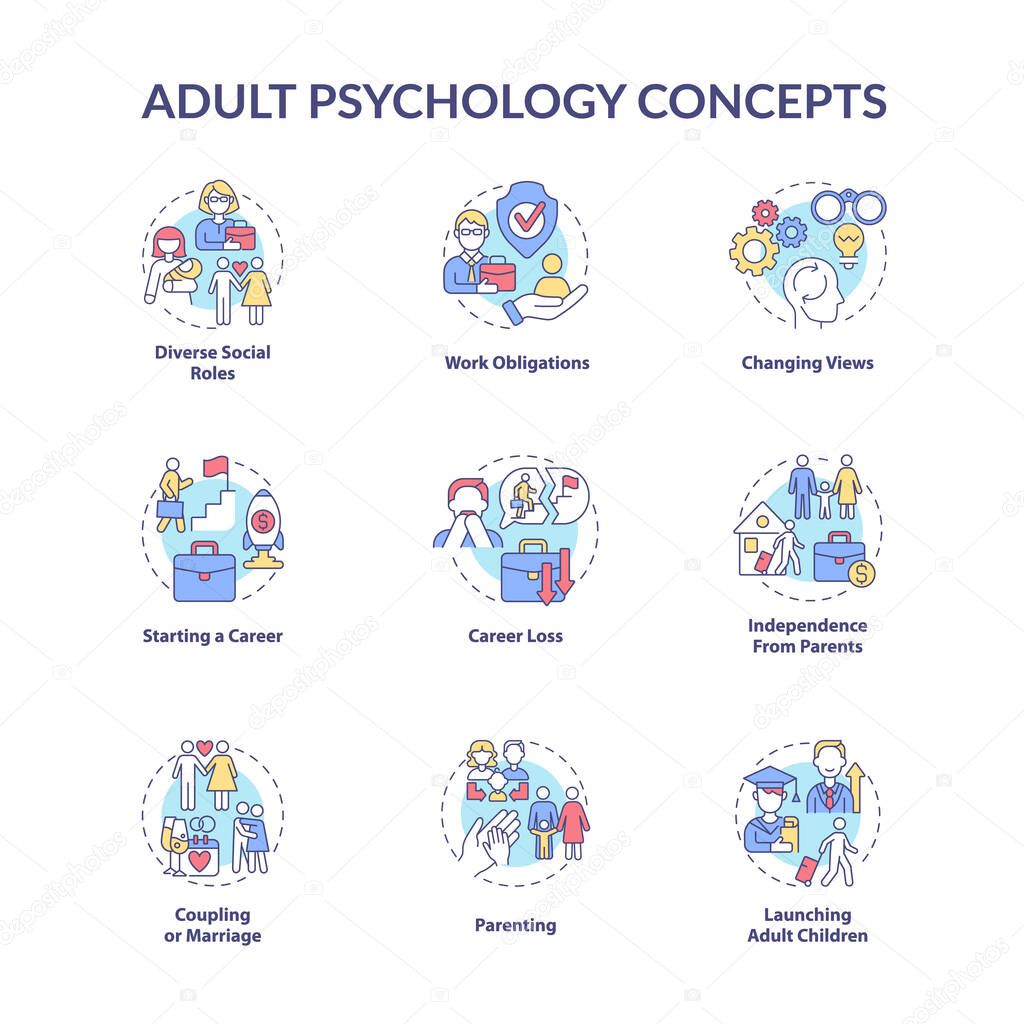 Adult psychology concept icons set. Independence from parents. Parenting. Career loss. Maturity problem idea thin line color illustrations. Vector isolated outline drawings. Editable stroke