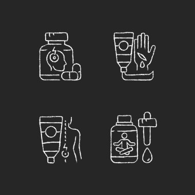 Hayatta kalma ilk yardım çantası koyu arkaplanda beyaz tebeşir simgeleri oluşturuldu. Baş ağrısı için ilaç. Kesikler için merhem. Sırt ağrısını tedavi et. Sakinleştirici damlalar. Siyah üzerine izole vektör karatahta çizimleri