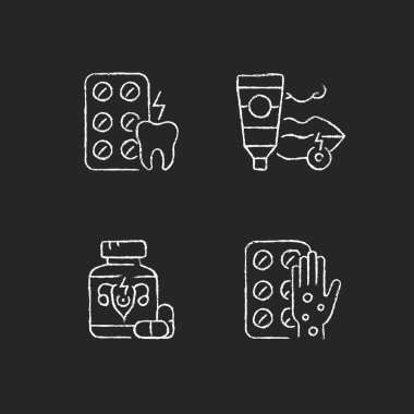 Hastalık tedavisi tebeşir beyazı simgeleri koyu arkaplanda. Diş ağrılarını hafifletir. Antiviral merhem. Adet sancıları için hap. Antihistamin tedavisi. Siyah üzerine izole vektör karatahta çizimleri