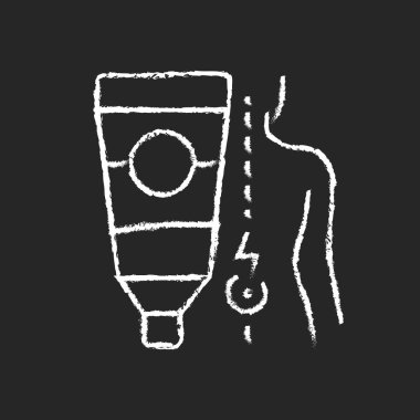 Sırt ağrısı için merhem koyu arkaplanda beyaz tebeşir ikonu. Yanan ağrı kesici. Rahatlatıcı bir his. İltihabı azalt. Şifa malzemeleri. Siyah üzerine izole edilmiş vektör çizimi