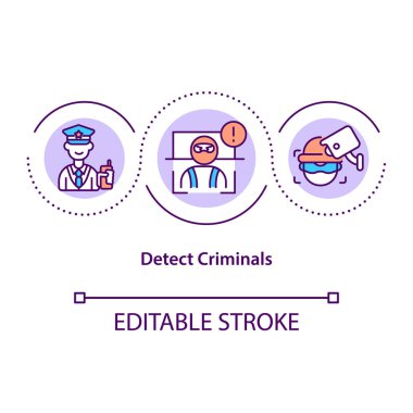 Suçluların konsept simgesini tespit et. Yüz tanıma teknolojisi. Yardım hukuku. Uygulama suçluları soyut fikirleri ince çizgi çizimleriyle tanımlıyorlar. Vektör izole edilmiş dış hat renk çizimi. Düzenlenebilir vuruş