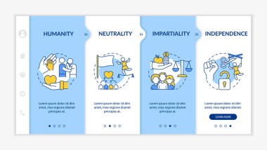 İnsani yardım, vektör şablonunda. Simgeli ilgili mobil web sitesi. Web sayfasında 4 basamaklı ekranlar. Doğrusal çizimlerle insanlık, tarafsızlık renk kavramı