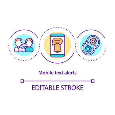 Mobil metin uyarı konsepti simgesi. Akıllı telefon uygulaması uyarıları. Gelen posta kutusu hatırlatıcısı. Mesajlaşma yazılımı soyut fikir ince çizgi çizimi. Vektör izole edilmiş dış hat renk çizimi. Düzenlenebilir vuruş