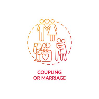 Çiftleştirme veya evlilik kırmızı konsept simgesi. Yetişkinlik süreci. Aşk ve düğün töreni. Finansal özgürlük. Soyut bir fikir çizgisi çizimi başlatıyorum. Vektör izole edilmiş dış çizgi renk çizimi.