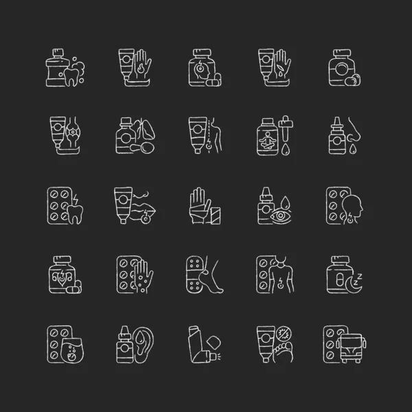 Tratamiento Médico Tiza Iconos Blancos Establecidos Sobre Fondo Oscuro Higiene — Vector de stock