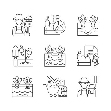 Çiftçi doğrusal simgeleri ayarlandı. Tarım işi. Kırsal bölge. Ürün kalitesi kontrolü. Organik ürünler. Özelleştirilebilir ince çizgi şekilleri. İzole vektör çizimi çizimleri. Düzenlenebilir vuruş