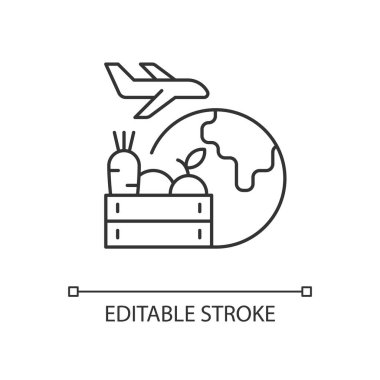 Tarım ürünleri doğrusal simge ihraç eder. Tarım ürünleri teslimatı. Küresel pazar satışları. İnce çizgi özelleştirilebilir illüstrasyon. Contour sembolü. Vektör izole çizim. Düzenlenebilir vuruş