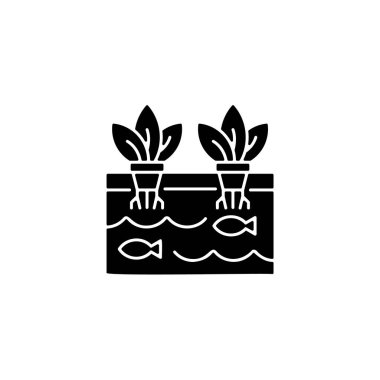 Aquaponics siyah kabartma simgesi. Su kültürü artı hidroponik. Yenilikçi ekosistem. Sera çiftliği. Balık ve bitki. Beyaz uzayda siluet sembolü. Vektör izole illüstrasyonu