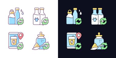 Refillable options light and dark theme RGB color icons set. Water bottle. Milk drink. Eco friendly package. Isolated vector illustrations on white and black space. Simple filled line drawings pack vector Refillable options light and dark theme RGB color icons set. Water bottle. Milk drink. Eco friendly package. Isolated vector illustrations on white and black space. Simple filled line drawings pack vector