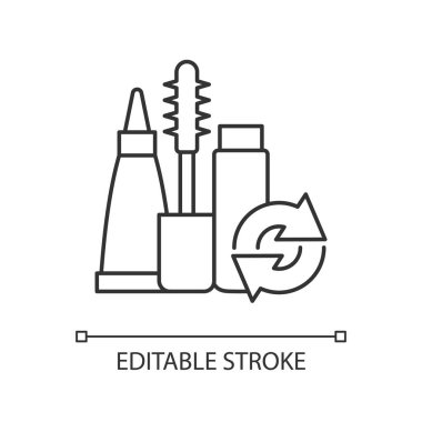 Yenilenebilir rimel doğrusal simgesi. Çevre dostu paket. Organik kozmetik için sıfır atık konteynırı. İnce çizgi özelleştirilebilir illüstrasyon. Contour sembolü. Vektör izole çizim. Düzenlenebilir vuruş
