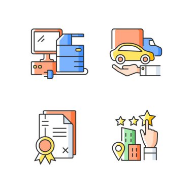 Şirket resmi RGB renk simgeleri ayarlandı. Mülkiyet hakkı tanınıyor. Patentler ve iyi niyet. Teknik ekipman ve sahipli araçlar. İzole vektör çizimleri. Basit çizgi çizimleri koleksiyonu